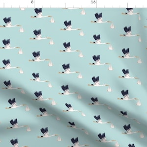Baby Shower Fabric - Stork On Sky Blue By Thistleandfox - Baby Shower Stork Cotton Fabric By The Yard With Spoonflower
