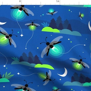 Forest Fabric - Night Camp By Mil Papeles - Blue Nighttime Moon Stars Camping Woods Fireflies Cotton Fabric By The Yard With Spoonflower