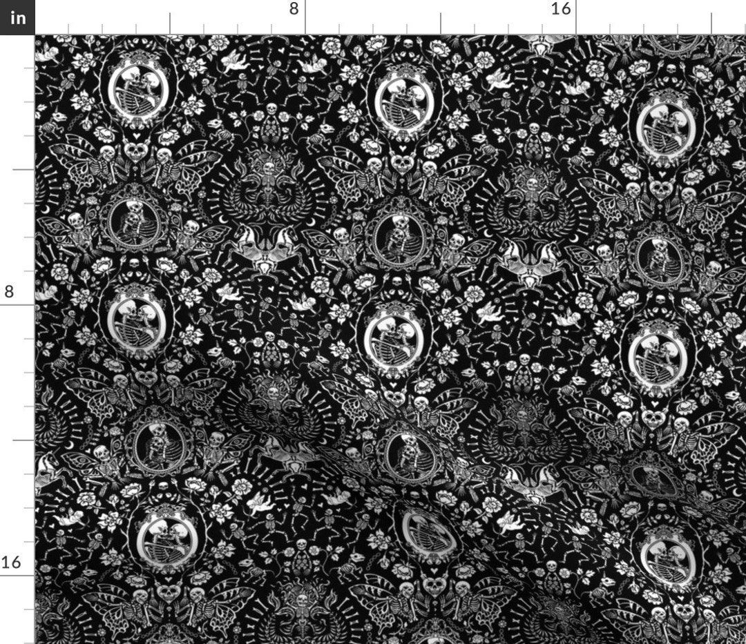 Goth Damask Fabric Gothic Romantic Skeleton by Olgasoi007 Black White