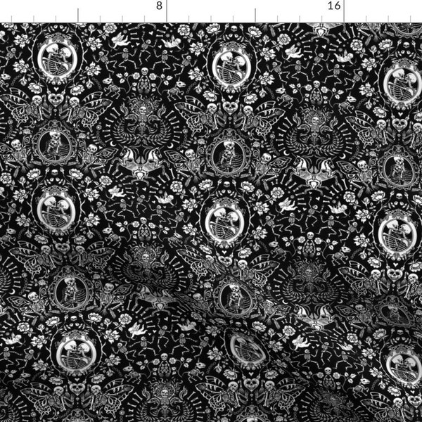 Goth Damask Fabric - Gothic Romantic Skeleton by olgasoi007 - Black White Romantic Skeleton Lovers Fabric by the Yard by Spoonflower