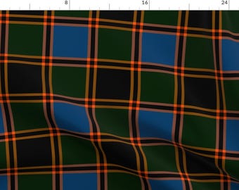 Könnte beinhalten: Ein schwarzer, grüner, blauer, orangefarbener und brauner karierter Stoff mit einem sich wiederholenden Muster.