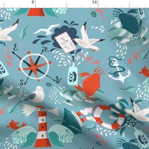 Message In A Bottle Blue Lighthouse Fabric - Ocean Splash By Miraparadies - Message In A Bottle Cotton Fabric By The Yard With Spoonflower