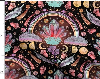 Astrology Fabric - All The Good Luck! By Rebelform - Black Rainbow Gems Crystals Magic Zodiac Cotton Fabric By The Yard With Spoonflower