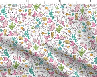 Nautical Mermaid Kittens Fabric - Purrmaids Cats Mermaids Sea Doodle By Caja Design - Nautic Cotton Fabric By The Yard With Spoonflower