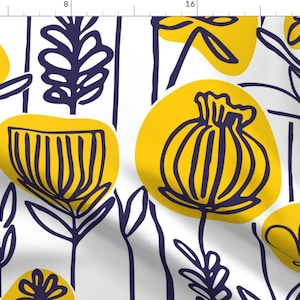 May include: A seamless pattern featuring stylized flowers and leaves in navy blue and yellow on a white background.