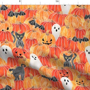 Halloween Orange Pumpkin Patch Watercolor Fabric - Spooky Pumpkin Patch By Abearcub - Halloween Cotton Fabric By The Yard With Spoonflower