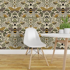 Nouveau Nature Peel and Stick Wallpaper - Green Yellow Butterfly - Removable Wall Decor Art - Natural Habitat Of Bees And Moths by ozdebayer