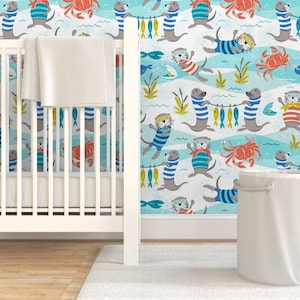 Otter Wallpaper - Otterly Fun - Summer Nautical By Heatherdutton - Custom Printed Removable Self Adhesive Wallpaper Roll by Spoonflower