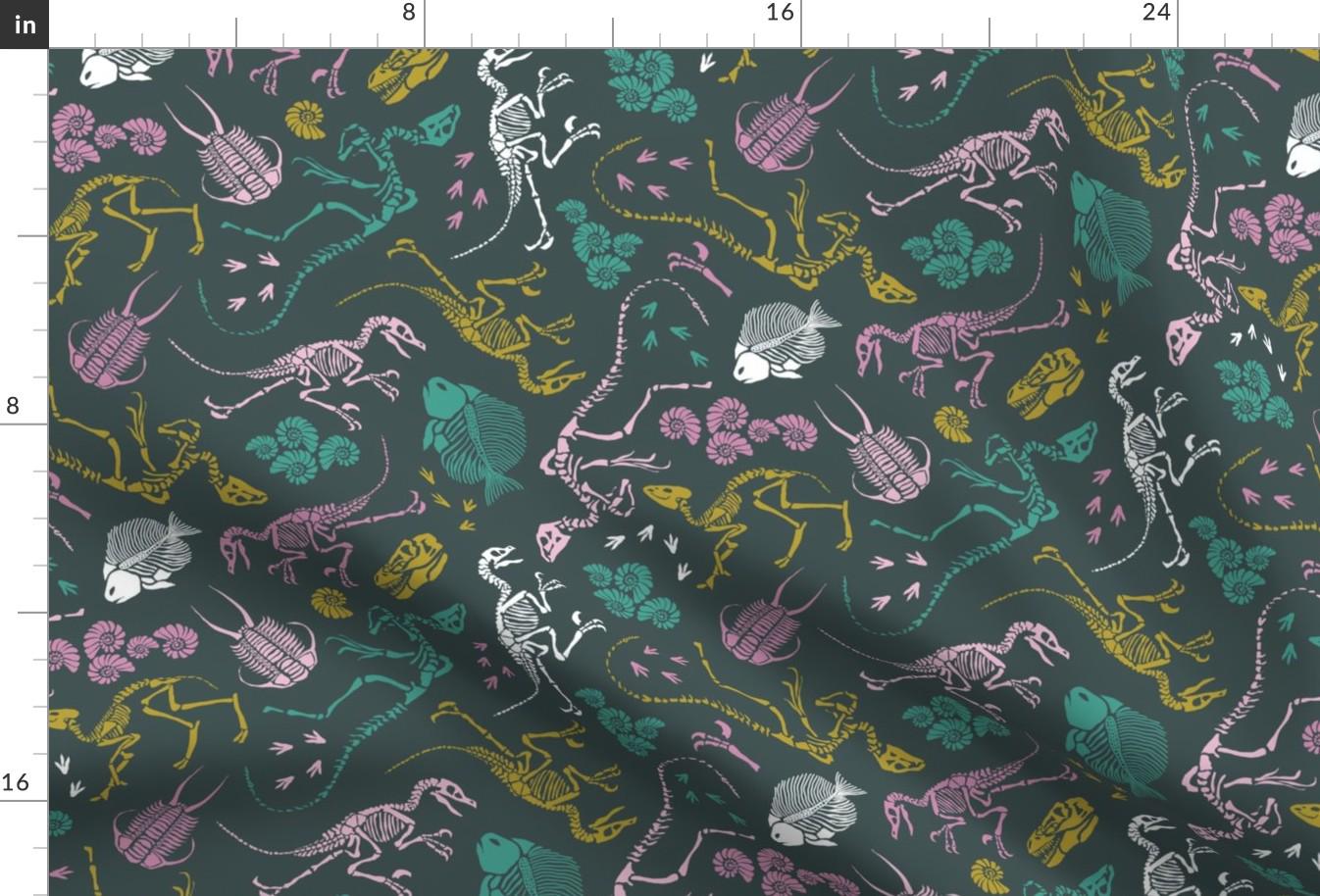 Dinosaurs Fabric - Discoveries By Tishyaoedit - Dinosaurs Bones Fossils Teal Mustard Pink Green Cotton Fabric By The Yard With Spoonflower