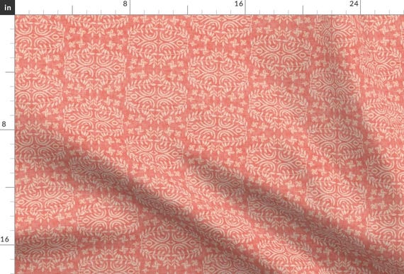 Peach Coral Fabric - Ornamental Coral by nouveau_bohemian - Wreath Boho Ikat Leaves Fabric by the Yard by Spoonflower