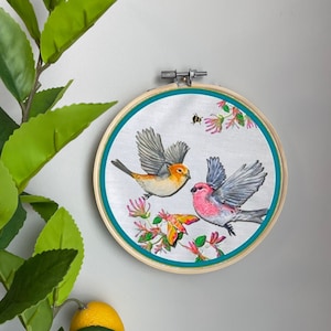 Birds Embroidery Template on Cotton - Bird Pair By Magentarosedesigns- Nature Embroidery Pattern for 6" Hoop Custom Printed by Spoonflower