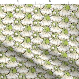 May include: A seamless pattern featuring a repeating design of white garlic bulbs with green stems on a light green background.