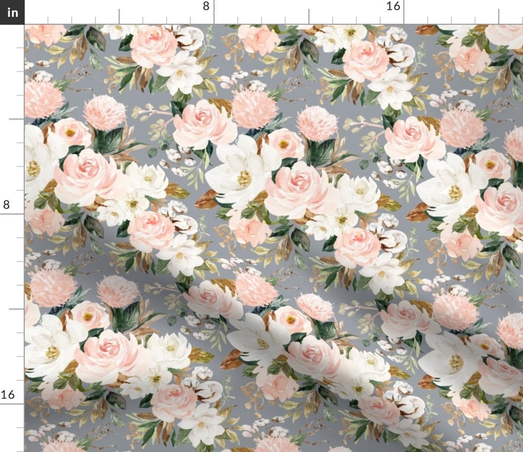 Floral Fabric Vintage Magnolia Florals, Blush, Pink, Girl Nursery