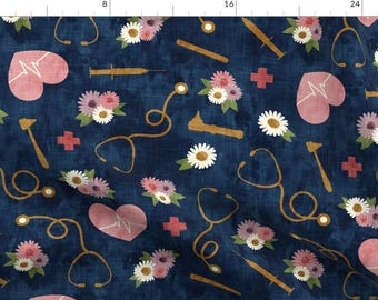 Nurse Blue Floral Med Fabric - Jumbo Floral Nurse Nursing Stethoscope Blue By Littlearrowdesign - Cotton Fabric by the Yard with Spoonflower