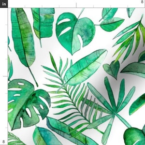 Tropical Fabric Emerald Tropical Leaf Scatter On White Large By Micklyn Tropical Green Cotton Fabric By The Yard With Spoonflower image 2