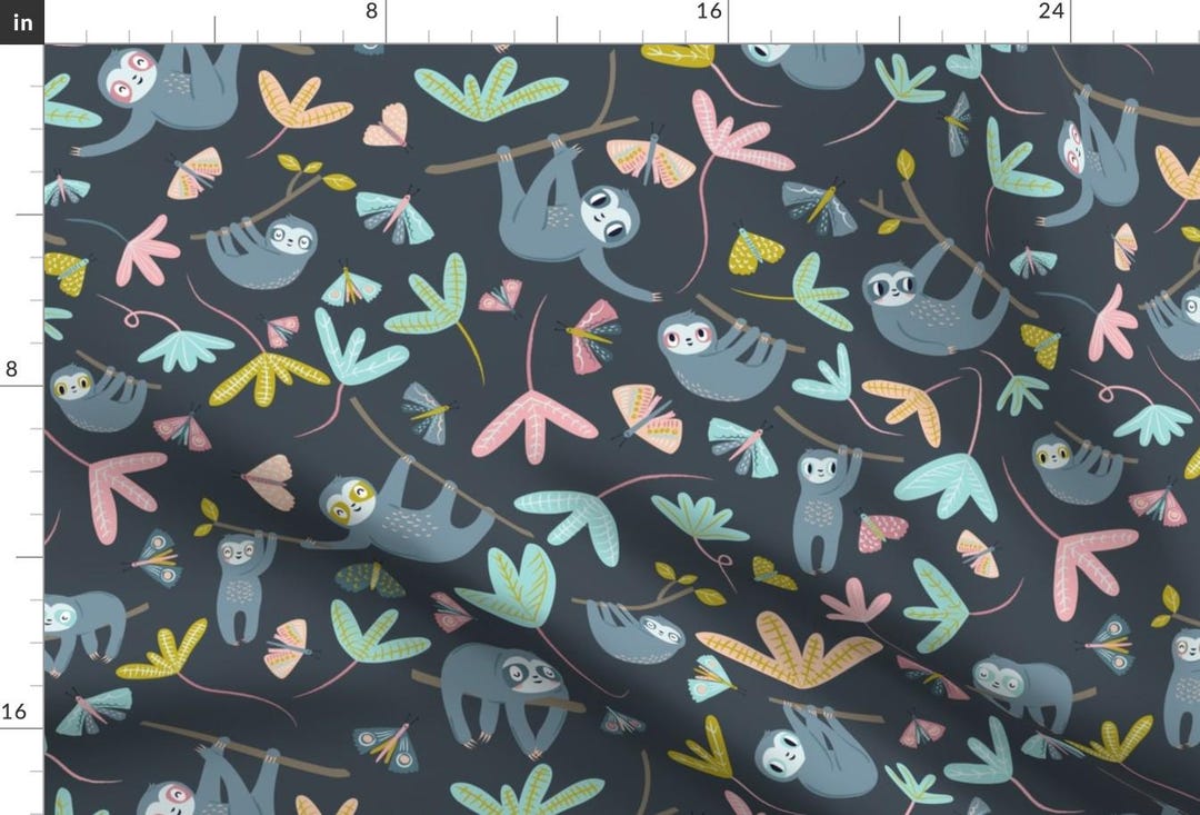 Pastel Sloths Fabric - Sloths and Moths Large Dark Ground by ...