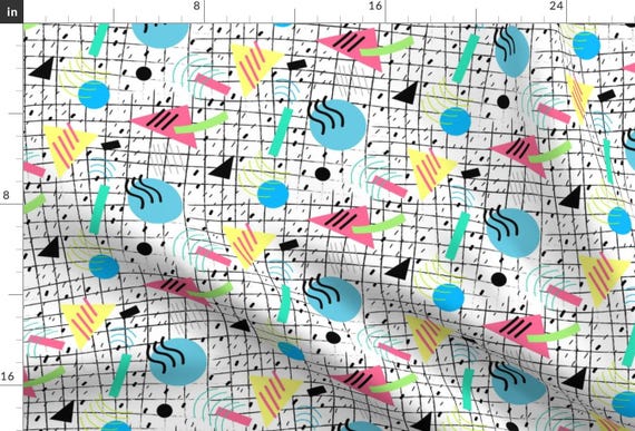 Geometric Fabric - Memphis Style Vibes (Light) By Hollybender - Geometric 80s Retro Aqua Pink Cotton Fabric By The Yard With Spoonflower