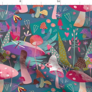 Mushroom Fabric - Mushroom Forest By Mountvicandme - Multicolor Forest Nature Blue Pink Fungus Cotton Fabric By The Yard With Spoonflower