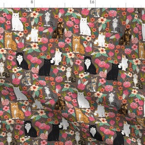 Cats Floral Fabric - Cat Florals Mixed Breeds Pet Fabrics Dark By Petfriendly - Cat Pets Flowers Cotton Fabric By The Yard With Spoonflower