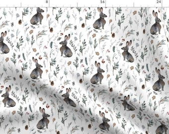 Woodland Bunnies Watercolor Fabric - Woodland Rabbit // White By Hipkiddesigns - Woodland Bunnies Cotton Fabric By The Yard With Spoonflower