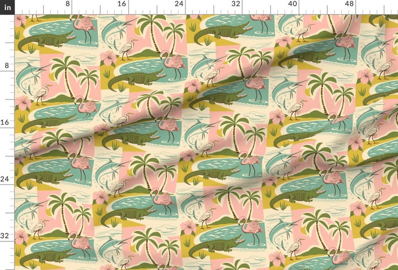 Florida Wildlife Fabric - Everglades by ruby_ritz - Pink Flamingo Green Crocodile Palm Trees Everglades Fabric by the Yard by Spoonflower image 2