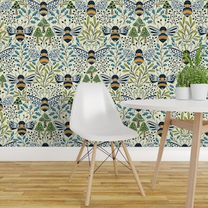 Bumblebee Peel and Stick Wallpaper - Nature Damask Botanical Mushroom Pollinator - Removable Wall Decor Art - Bee Kingdom Blue by ozdebayer