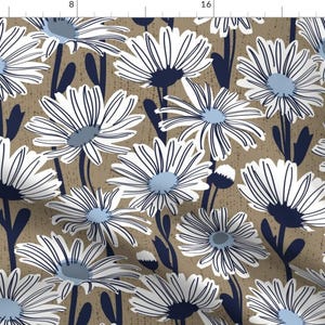 Daisy Fabric - Field Of Daisies By Selmacardoso -Blue Taupe Floral Botanical Blooms Garden Spring Cotton Fabric By The Yard With Spoonflower