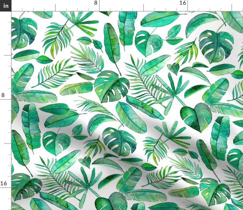 Tropical Fabric Emerald Tropical Leaf Scatter On White Large By Micklyn Tropical Green Cotton Fabric By The Yard With Spoonflower image 1