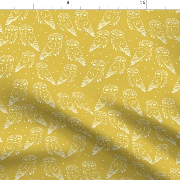 Owl Fabric - Mustard Hand-Drawn Bird Illustration By Andrea Lauren Woodland Baby Nursery Trend - Cotton Fabric By The Yard With Spoonflower