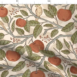 Red Apple Orchard Fabric - Vintage Apple Orchard by ammiecreative - Vintage Fruit Birds Apple Floral Fabric by the Yard by Spoonflower