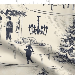 May include: A black and white illustration of a holiday scene with a Christmas tree, a chandelier, a roasted turkey, and a group of people. The illustration is on a cream background.