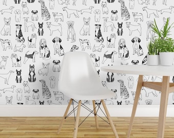 Papel de Parede com Ilustração de Cachorros em Preto e Branco por Andrea Lauren - Spoonflower - Rolo de Papel de Parede Autoadesivo Removível Personalizado