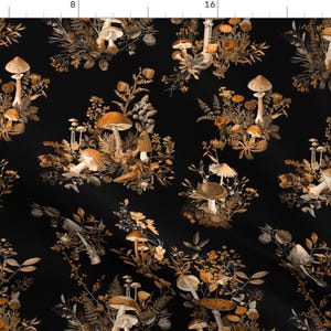 Mushroom Toile Fabric - Woodland Foliage by thistleandfox - Nature Forest Botanical Black Fungi Ferns Fall Fabric by the Yard by Spoonflower