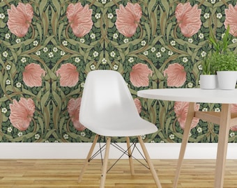 Green William Morris Peel and Stick Wallpaper - Pimpernel Floral Botanical - Removable Wall Decor Art - Pimpernel Dark by chantal_pare
