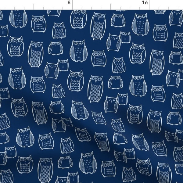 Blue Owl Fabric - "Little" Night Owl (Dark Blue) By Leanne - Owl Bird Woodland Blue White Drawing Cotton Fabric By The Yard With Spoonflower