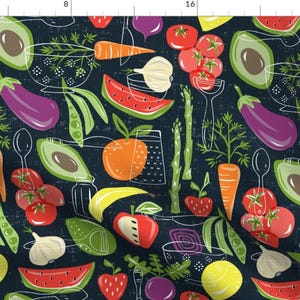 Food Fabric - Farm Fresh - Charcoal Black By Heatherdutton - Vegetable Fruit Produce Food Kitchen Cotton Fabric By The Yard With Spoonflower