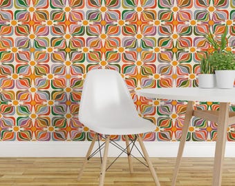 Papel de Parede Adesivo Removível com Estampa Abstrata e Vibrante - Estilo Retrô Hippie de Verão - Arte Decorativa para Parede - Flores Abstratas por evamatise