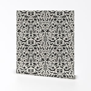 Animal Damask Wallpaper - Otomi Stitch By Holli Zollinger - Black White Floral Mexico Removable Self Adhesive Wallpaper Roll by Spoonflower