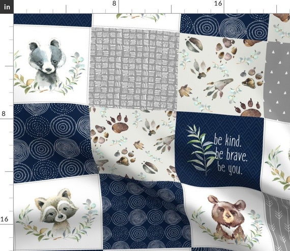 Cheater Quilt Fabric Woodland Animal Tracks by Gingerlous Navy Blue Gray  Forest Baby Boy Cotton Fabric by the Yard With Spoonflower 