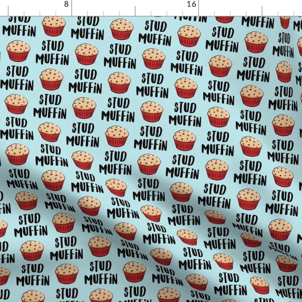 Stud Muffin Fabric - Stud Muffin Valentines Day Muffins On Blue By Littlearrowdesign - Valentines Day Pun Muffin Fabric With Spoonflower