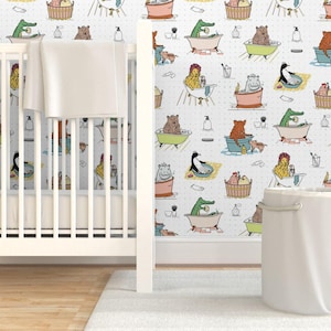 Animal Bath Time Removable Peel and Stick Wallpaper - Whimsical Cute Kids Bathtub - Wall Art Wall Decor - Bathtime by dasbrooklyn