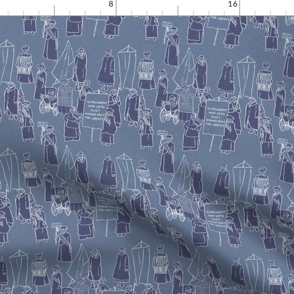 Suffrage Fabric - Suffragettes On Blue By Landpenguin - Suffragettes Votes Women Feminism Blue Cotton Fabric By The Yard With Spoonflower