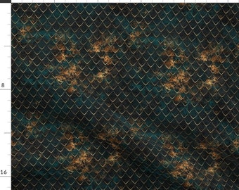 Dragon Scale Fabric - Dark Patina Scales by beyondchaos - Mermaid Faux Metallic Deep Green Black Lizard  Fabric by the Yard by Spoonflower