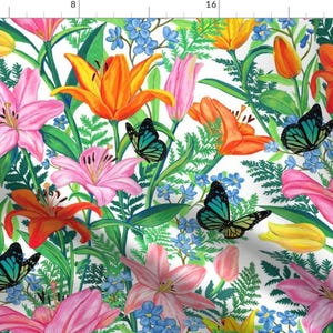 Butterfly Fabric - Butterflies In My Garden by maliuana - Colorful Floral Garden Lily Flowers Cottagecore Fabric by the Yard by Spoonflower