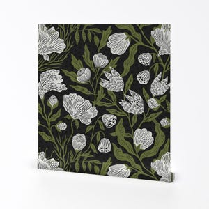 Boho Removable Peel and Stick Wallpaper - Floral Botanical Flowers Calanthia Green - Wall Art Wall Decor - Calanthia Green by scarlet_soleil