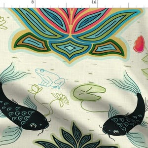 Japanese Fabric - Black Koi By Designed By Debby - Japanese Koi Fish Pond Beige Blue Water Lotus Cotton Fabric By The Yard With Spoonflower