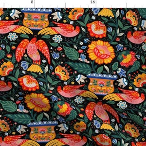 Folk Art Fabric - Maximalist Folk Art By Geetanjali - Dark Colors Red Navy Garden Spring Birds Cotton Fabric By The Yard With Spoonflower