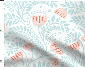 Boho Fabric - Playful Summer Floral by helenbowler -  Whimsical Floral Garden Hearts Leaves Peach Foliage Fabric by the Yard by Spoonflower