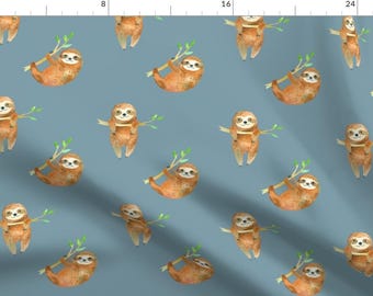 Sloth Fabric - Baby Sloths By Hipkiddesigns - Baby Nursery Blue Orange Animal Rainforest Neutral Cotton Fabric By The Yard With Spoonflower