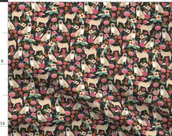 Pug Fabric - Pug Florals Pet Dog Fabric By Petfriendly - Pug and Floral Black Cotton Fabric By The Yard With Spoonflower Fabrics